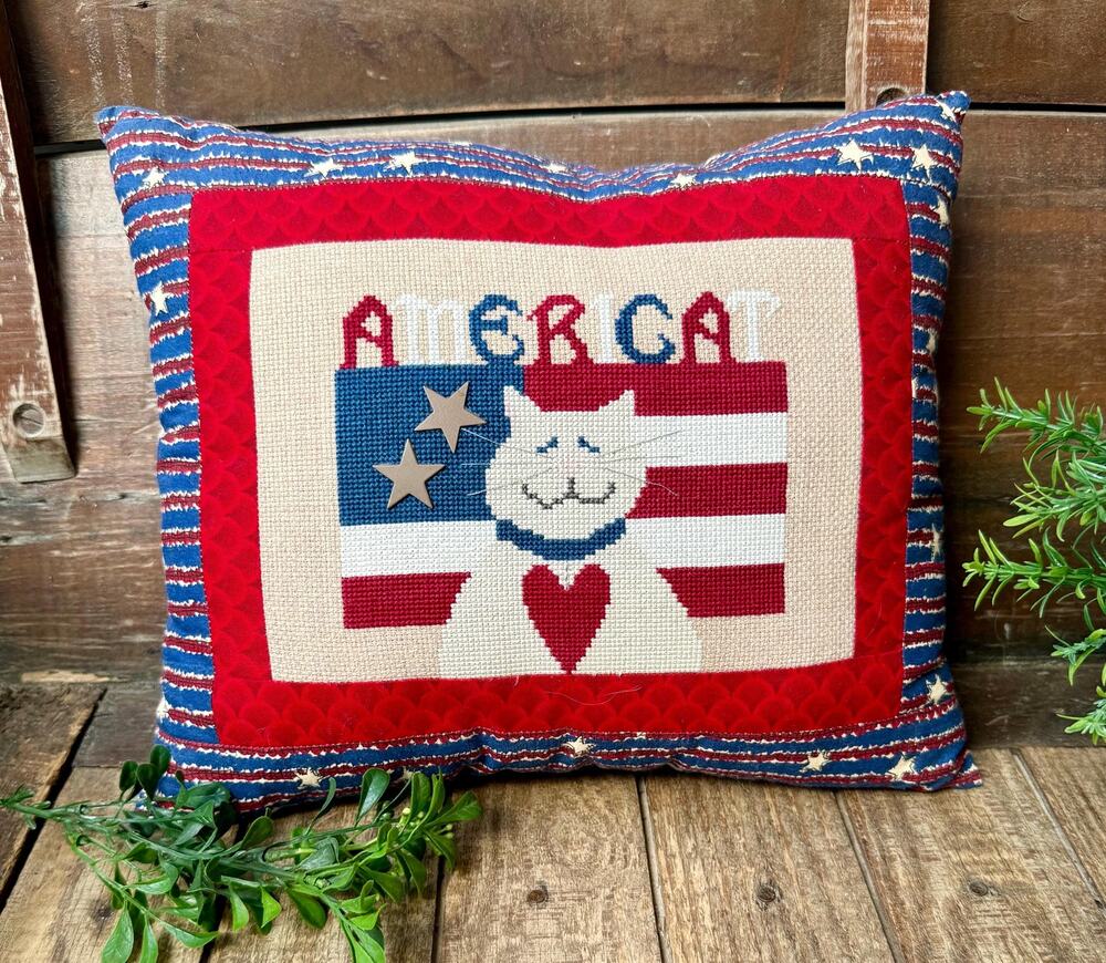 1980 Handmade Amerikat Cross Stitch Pillow | Patriotic Cat Folk Art